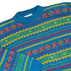 Vintage Southern Lights Blue Graphic Fair Isle Knit‎ Grandpa Sweater L Retro 80s